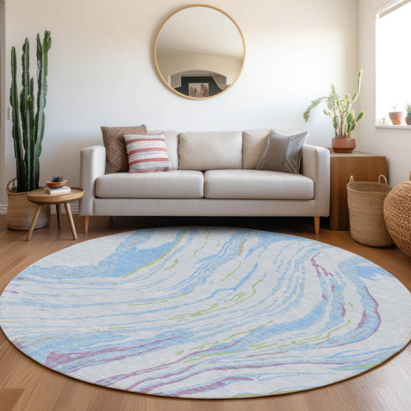 Homeroots 3' Abstract Beige Teal Blue And Ivory Washable Area Rug For Indoor Outdoor Style And Comfort 8' Round Polyester 600260