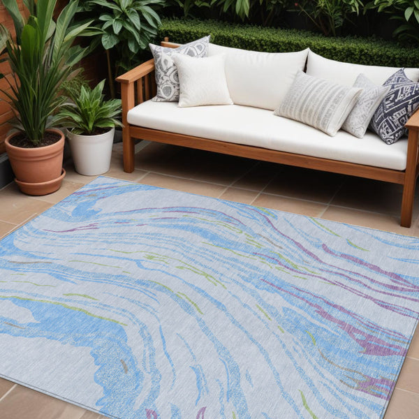 Homeroots 3' Abstract Beige Teal Blue And Ivory Washable Area Rug For Indoor Outdoor Style And Comfort 9' X 12' Polyester 600262
