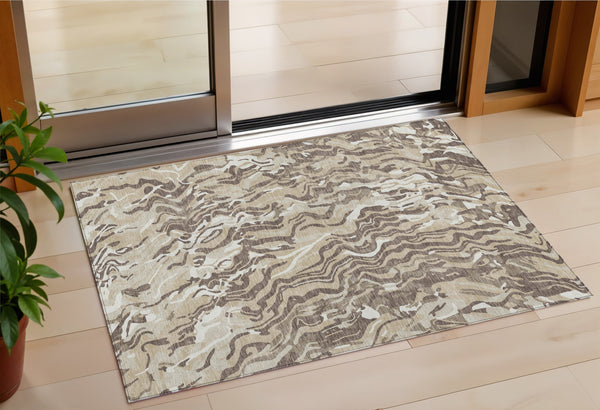 Homeroots 3' Beige Brown And Ivory Abstract Washable Area Rug For Indoor Or Outdoor Comfort And Style 3' X 5' Polyester 600264