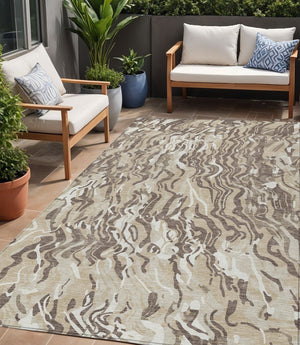 Homeroots 3' Beige Brown And Ivory Abstract Washable Area Rug For Indoor Or Outdoor Comfort And Style 5' X 8' Polyester 600265