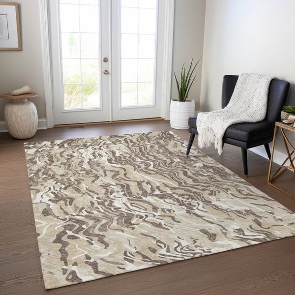 Homeroots 3' Beige Brown And Ivory Abstract Washable Area Rug For Indoor Or Outdoor Comfort And Style 5' X 8' Polyester 600265
