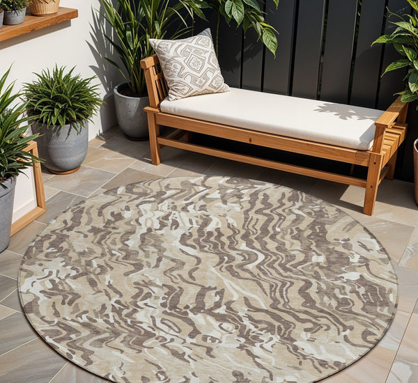 Homeroots 3' Beige Brown And Ivory Abstract Washable Area Rug For Indoor Or Outdoor Comfort And Style 8' Round Polyester 600266