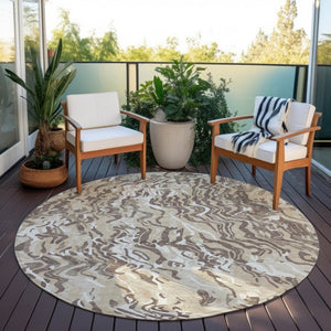 Homeroots 3' Beige Brown And Ivory Abstract Washable Area Rug For Indoor Or Outdoor Comfort And Style 8' Round Polyester 600266