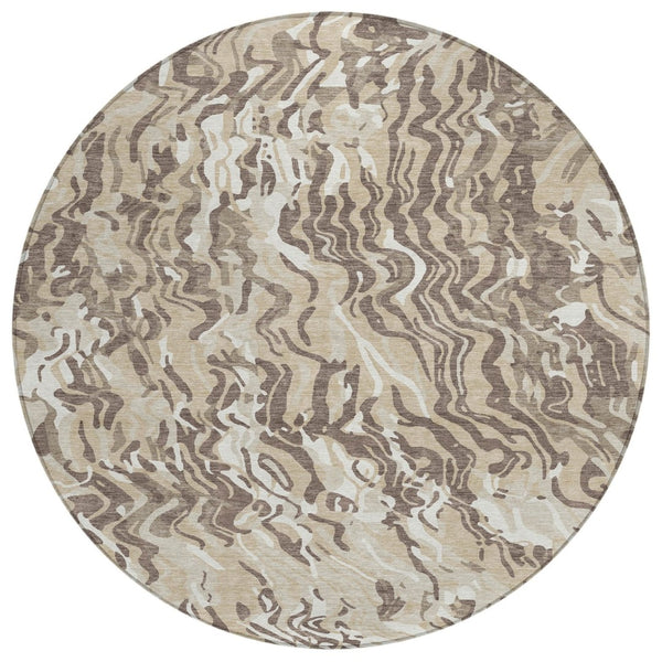 HomeRoots 5' Beige Brown Ivory Abstract Washable Area Rug - Versatile, Durable for Indoor & Outdoor Spaces 8' Round 600266