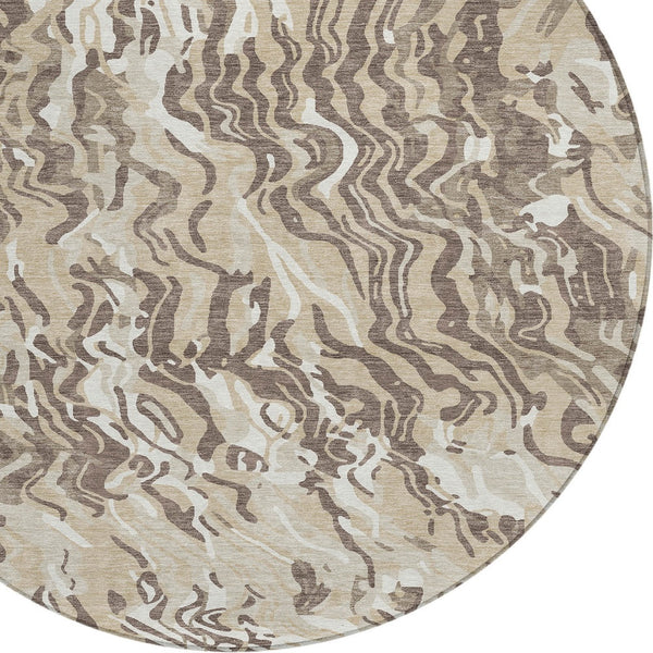 Homeroots 3' Beige Brown And Ivory Abstract Washable Area Rug For Indoor Or Outdoor Comfort And Style 8' Round Polyester 600266