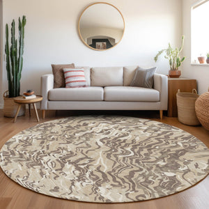 Homeroots 3' Beige Brown And Ivory Abstract Washable Area Rug For Indoor Or Outdoor Comfort And Style 8' Round Polyester 600266