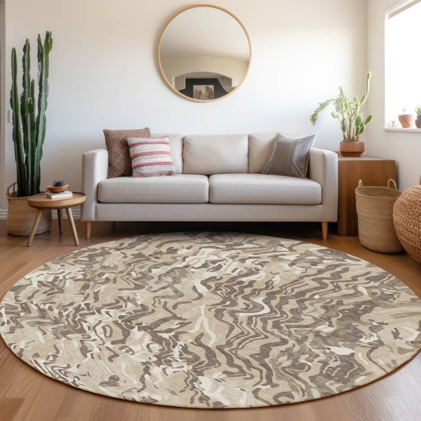 Homeroots 3' Beige Brown And Ivory Abstract Washable Area Rug For Indoor Or Outdoor Comfort And Style 8' Round Polyester 600266