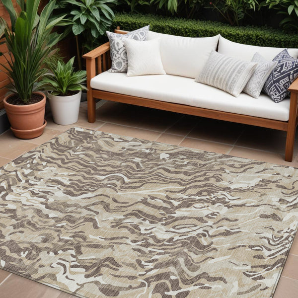 Homeroots 3' Beige Brown And Ivory Abstract Washable Area Rug For Indoor Or Outdoor Comfort And Style 8' X 10' Polyester 600267