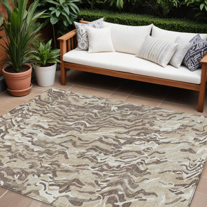 Homeroots 3' Beige Brown And Ivory Abstract Washable Area Rug For Indoor Or Outdoor Comfort And Style 9' X 12' Polyester 600268