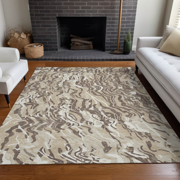 Homeroots 3' Beige Brown And Ivory Abstract Washable Area Rug For Indoor Or Outdoor Comfort And Style 9' X 12' Polyester 600268