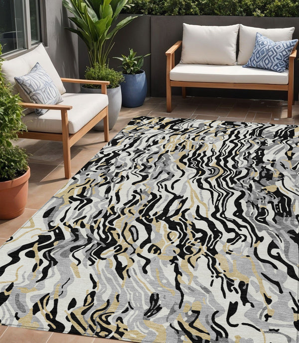 Homeroots 3' Beige Brown And Ivory Abstract Washable Area Rug For Indoor Or Outdoor Comfort And Style 5' X 8' Polyester 600271