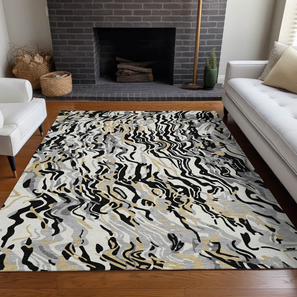Homeroots 3' Beige Brown And Ivory Abstract Washable Area Rug For Indoor Or Outdoor Comfort And Style 8' X 10' Polyester 600273
