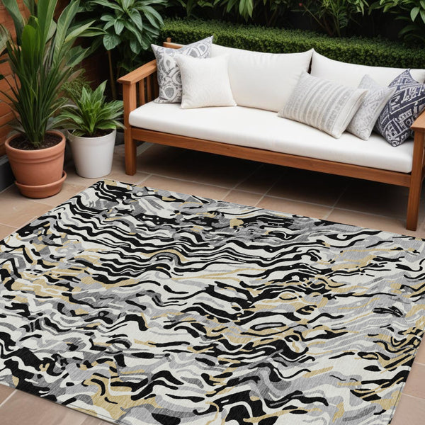 Homeroots 3' Beige Brown And Ivory Abstract Washable Area Rug For Indoor Or Outdoor Comfort And Style 10' X 14' Polyester 600275