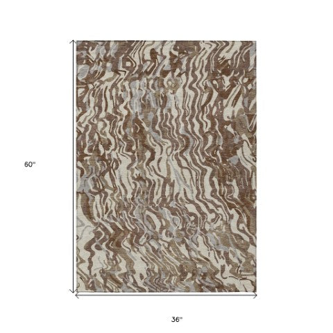 Homeroots 3' Beige Brown And Ivory Abstract Washable Area Rug For Indoor Or Outdoor Comfort And Style 3' X 5' Polyester 600276