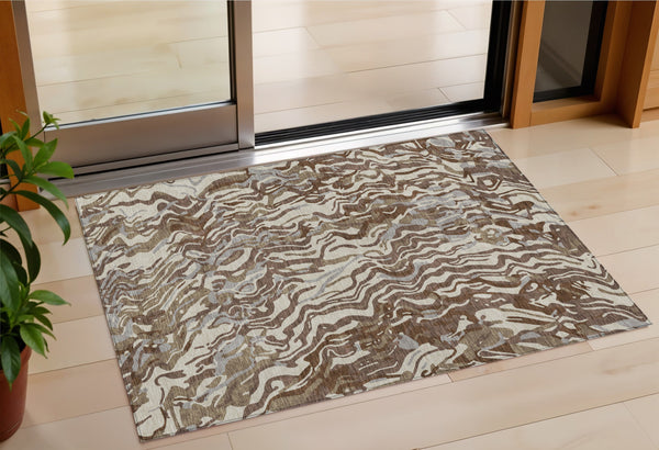 Homeroots 3' Beige Brown And Ivory Abstract Washable Area Rug For Indoor Or Outdoor Comfort And Style 3' X 5' Polyester 600276