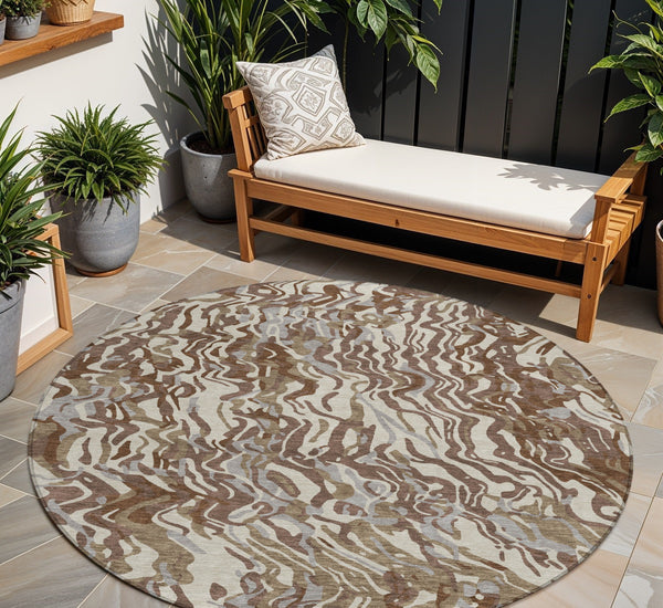 Homeroots 3' Beige Brown And Ivory Abstract Washable Area Rug For Indoor Or Outdoor Comfort And Style 8' Round Polyester 600278