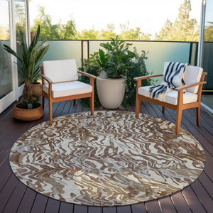 Homeroots 3' Beige Brown And Ivory Abstract Washable Area Rug For Indoor Or Outdoor Comfort And Style 8' Round Polyester 600278