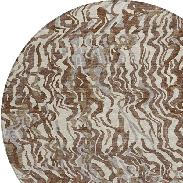 Homeroots 3' Beige Brown And Ivory Abstract Washable Area Rug For Indoor Or Outdoor Comfort And Style 8' Round Polyester 600278