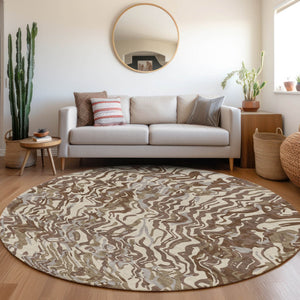Homeroots 3' Beige Brown And Ivory Abstract Washable Area Rug For Indoor Or Outdoor Comfort And Style 8' Round Polyester 600278