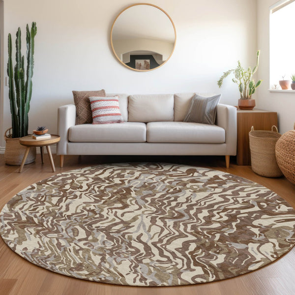 Homeroots 3' Beige Brown And Ivory Abstract Washable Area Rug For Indoor Or Outdoor Comfort And Style 8' Round Polyester 600278