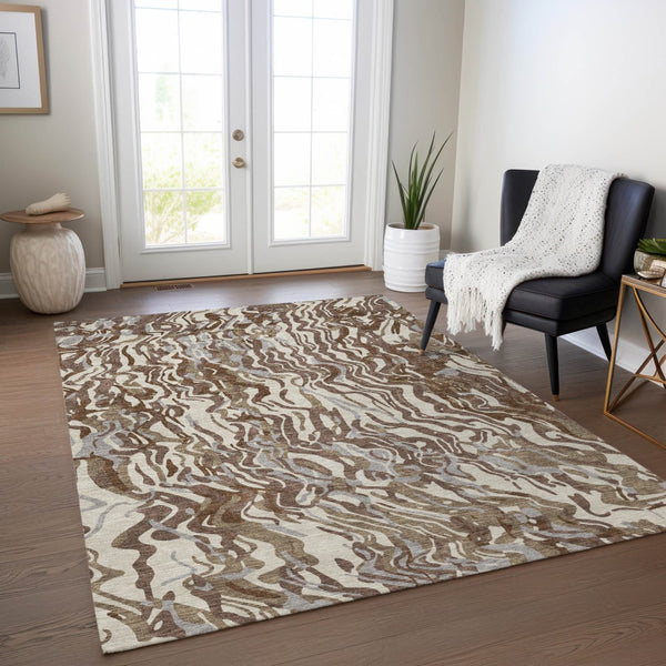 Homeroots 3' Beige Brown And Ivory Abstract Washable Area Rug For Indoor Or Outdoor Comfort And Style 8' X 10' Polyester 600279