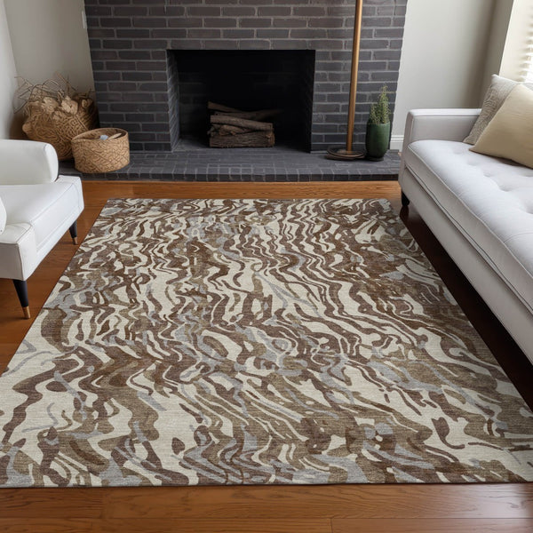 Homeroots 3' Beige Brown And Ivory Abstract Washable Area Rug For Indoor Or Outdoor Comfort And Style 8' X 10' Polyester 600279