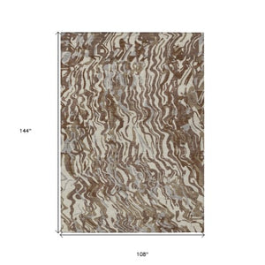 Homeroots 3' Beige Brown And Ivory Abstract Washable Area Rug For Indoor Or Outdoor Comfort And Style 9' X 12' Polyester 600280