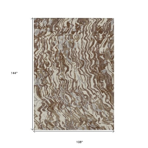 Homeroots 3' Beige Brown And Ivory Abstract Washable Area Rug For Indoor Or Outdoor Comfort And Style 9' X 12' Polyester 600280