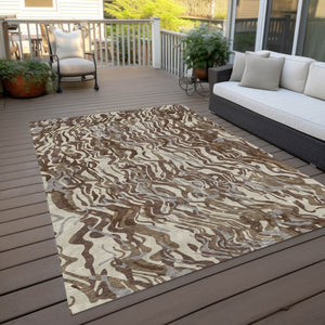 Homeroots 3' Beige Brown And Ivory Abstract Washable Area Rug For Indoor Or Outdoor Comfort And Style 9' X 12' Polyester 600280