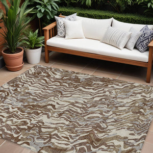 Homeroots 3' Beige Brown And Ivory Abstract Washable Area Rug For Indoor Or Outdoor Comfort And Style 10' X 14' Polyester 600281
