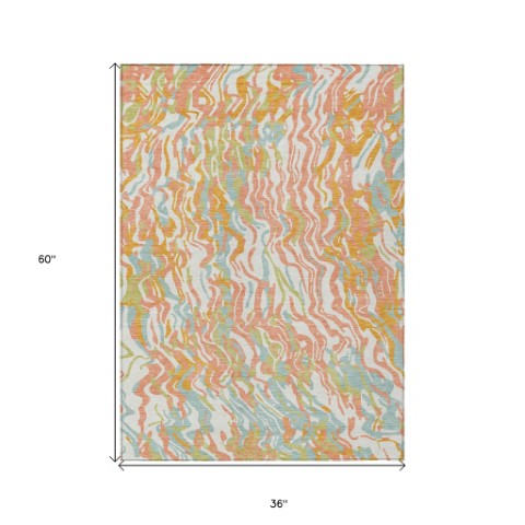 Homeroots 3' Beige Brown And Ivory Abstract Washable Area Rug For Indoor Or Outdoor Comfort And Style 3' X 5' Polyester 600282