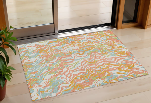 Homeroots 3' Beige Brown And Ivory Abstract Washable Area Rug For Indoor Or Outdoor Comfort And Style 3' X 5' Polyester 600282