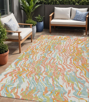 Homeroots 3' Beige Brown And Ivory Abstract Washable Area Rug For Indoor Or Outdoor Comfort And Style 5' X 8' Polyester 600283