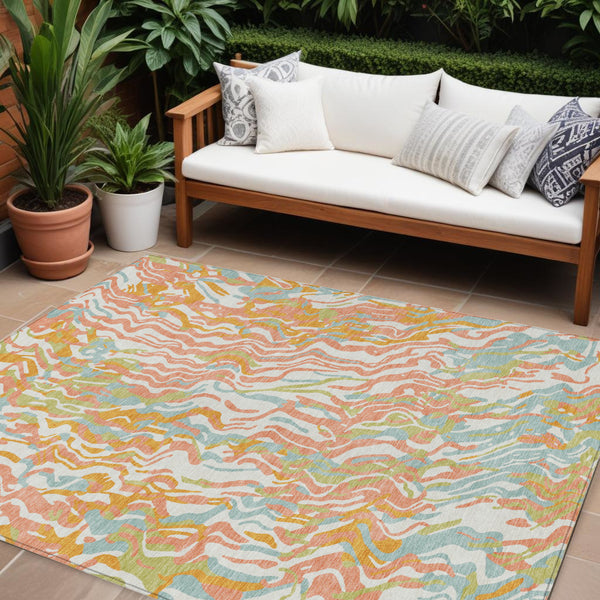 Homeroots 3' Beige Brown And Ivory Abstract Washable Area Rug For Indoor Or Outdoor Comfort And Style 10' X 14' Polyester 600287
