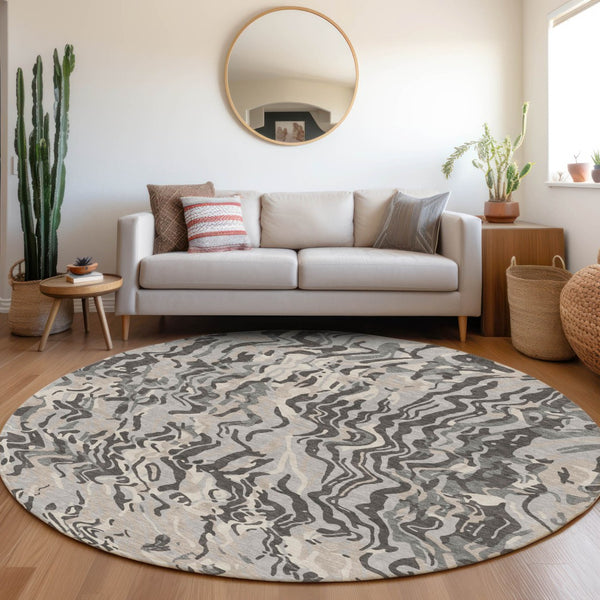 Homeroots 3' Beige Brown And Ivory Abstract Washable Area Rug For Indoor Or Outdoor Comfort And Style 8' Round Polyester 600296