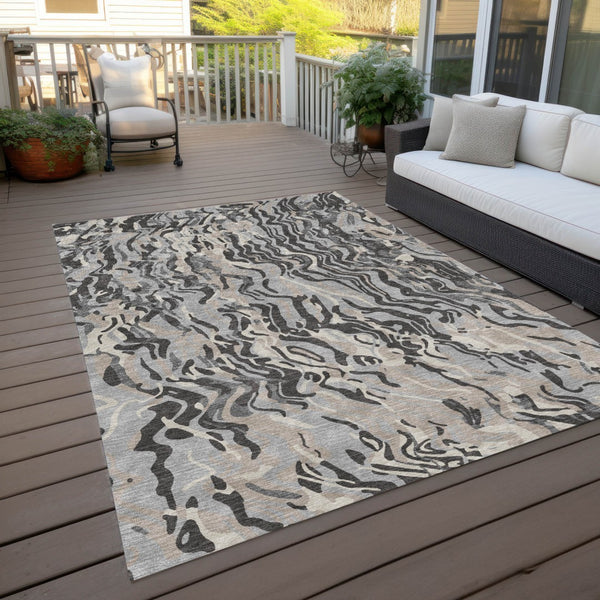 Homeroots 3' Beige Brown And Ivory Abstract Washable Area Rug For Indoor Or Outdoor Comfort And Style 9' X 12' Polyester 600298