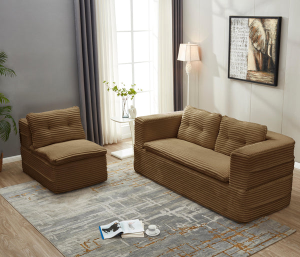 English Elm Multi Functional Sectional Sofa Bed Plush Corduroy Convertible 80" King Sleeper with Chaise, Deep Fluff Camel W3219P339468