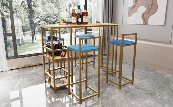 English Elm Bar Table and Four Cushioned Chairs Gold Iron Frame with Built-in Shelf Coastal Style W3064P245382