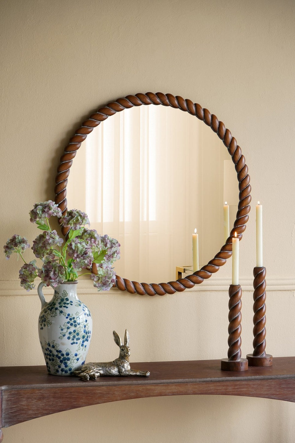 English Elm 28.3x28.3" Round Pine Wood Wall Mirror Textured Frame Organic Entryway Decor W2078P445371