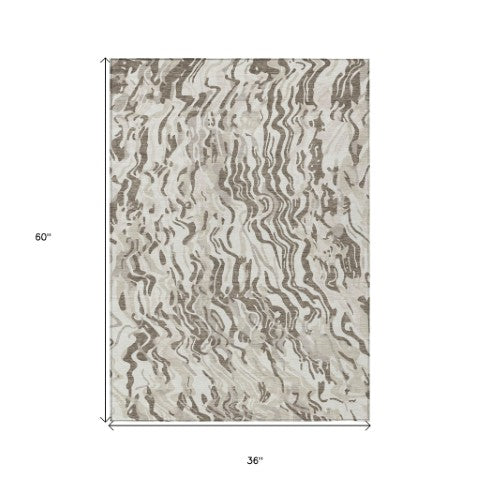 Homeroots 3' Beige Brown And Ivory Abstract Washable Area Rug For Indoor Or Outdoor Comfort And Style 3' X 5' Polyester 600300