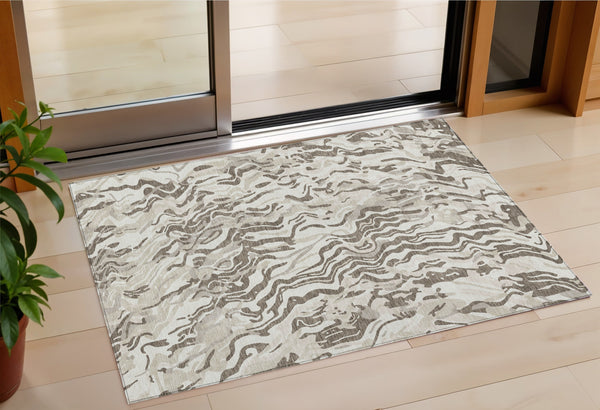 Homeroots 3' Beige Brown And Ivory Abstract Washable Area Rug For Indoor Or Outdoor Comfort And Style 3' X 5' Polyester 600300