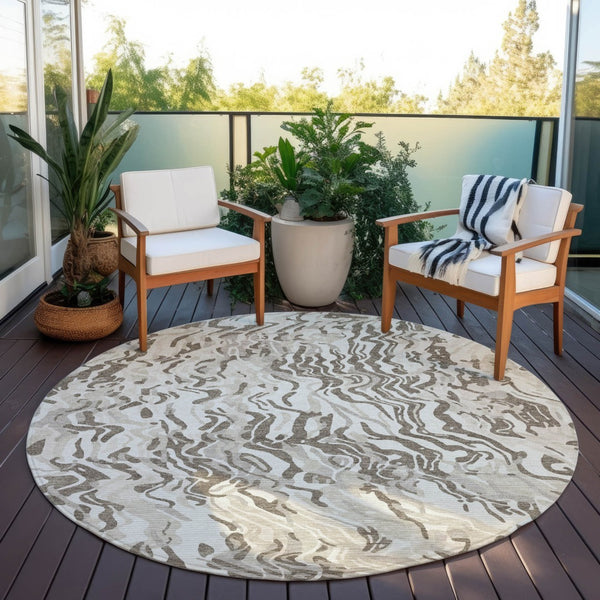 Homeroots 3' Beige Brown And Ivory Abstract Washable Area Rug For Indoor Or Outdoor Comfort And Style 8' Round Polyester 600302