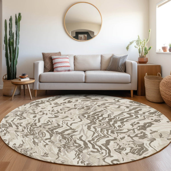 Homeroots 3' Beige Brown And Ivory Abstract Washable Area Rug For Indoor Or Outdoor Comfort And Style 8' Round Polyester 600302