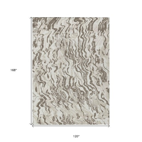 Homeroots 3' Beige Brown And Ivory Abstract Washable Area Rug For Indoor Or Outdoor Comfort And Style 10' X 14' Polyester 600305