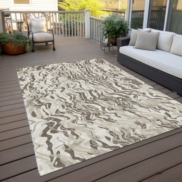 Homeroots 3' Beige Brown And Ivory Abstract Washable Area Rug For Indoor Or Outdoor Comfort And Style 10' X 14' Polyester 600305