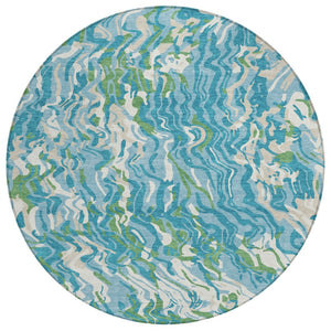 HomeRoots 5' Abstract Teal Blue Ivory Green Area Rug - Washable, Durable, Ideal for Indoor and Outdoor Spaces 8' Round 600320
