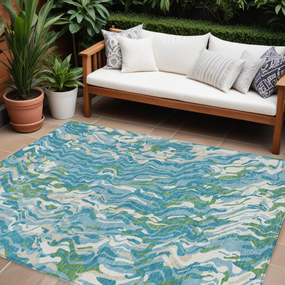 HomeRoots 9' X 12' Abstract Teal Blue Ivory Green Area Rug - Washable, Durable for Indoor & Outdoor Spaces 600322