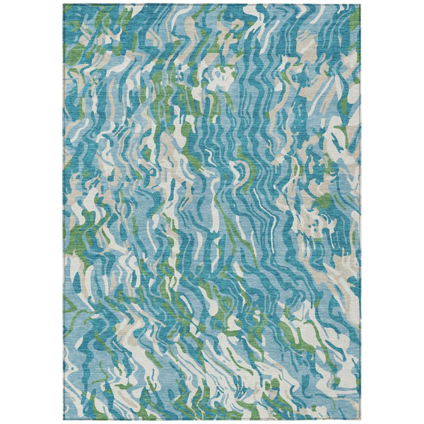 HomeRoots 5' Abstract Teal Blue Ivory Green Area Rug - Washable, Durable, Ideal for Indoor and Outdoor Spaces 10' X 14' 600323