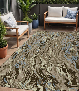 Homeroots 3' Beige Brown And Ivory Abstract Washable Area Rug For Indoor Or Outdoor Comfort And Style 5' X 8' Polyester 600325