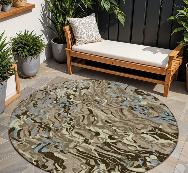 Homeroots 3' Beige Brown And Ivory Abstract Washable Area Rug For Indoor Or Outdoor Comfort And Style 8' Round Polyester 600326
